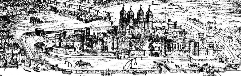 Close up of the Tower of London and the scaffold on Tower Hill where Guildford Dudley died. From ‘A view of London, Westminster and Southwark, as they appeared A.D. 1543. 19th Century engraving by Nathaniel Whittock from a drawing by Antony van den Wyngaerde’ Wikimedia Commons