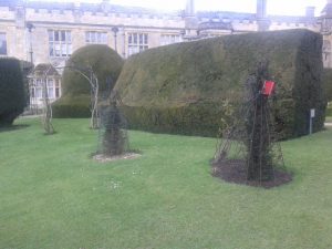 Topiary figures representing Katherine and Jane on their way to church