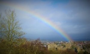 Rainbow over Ludlow castle and town, February 2016